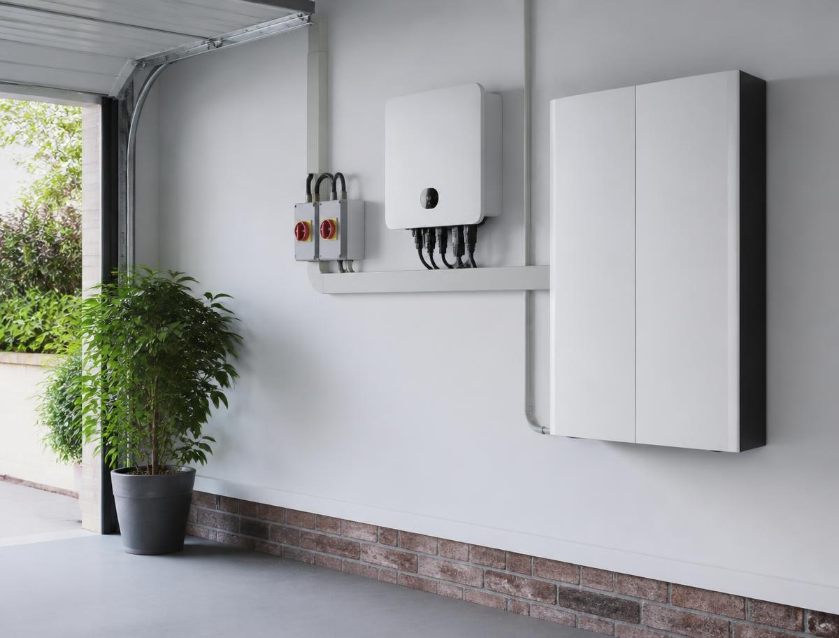Home battery storage unit and solar inverter neatly wall-mounted with isolators in a domestic garage